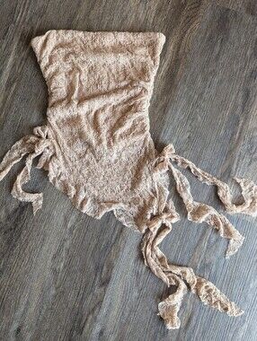 Thirty Thirty LA Lace Bandeau Ruched Side Cascading Ruffle Hem Nude/Beige